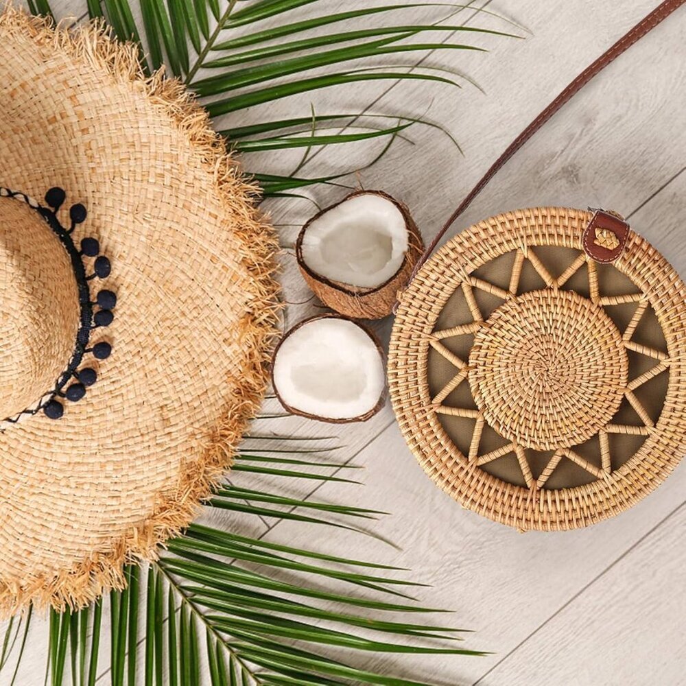 Rattan Bag Round Straw Handwoven Beach Shoulder Bag